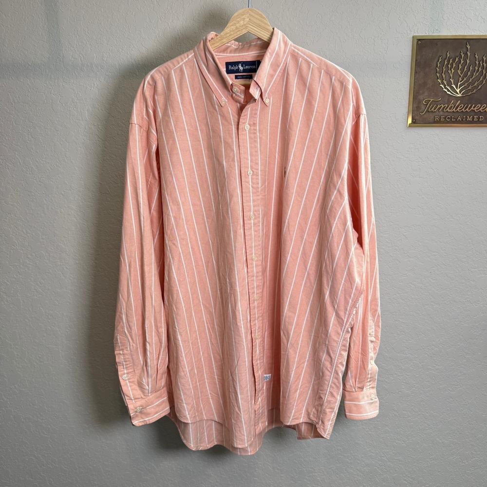Ralph Lauren Mens XL Peach White Striped Cotton Oxford Button Down Shirt
